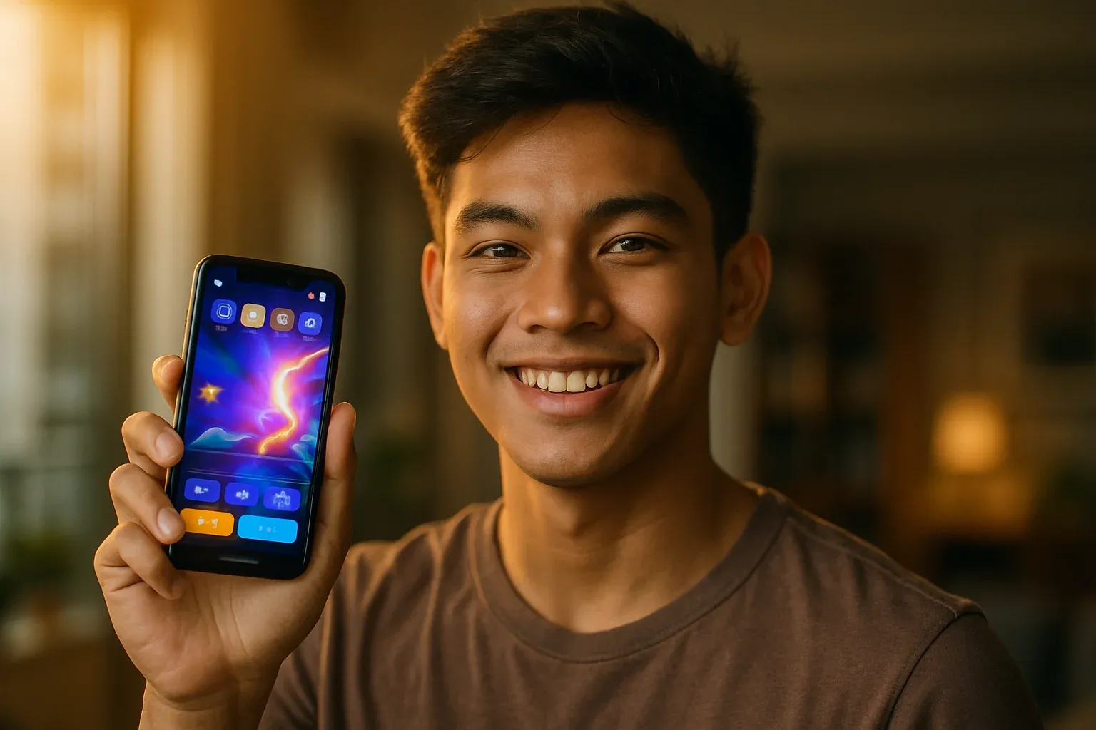 Smiling young Filipino man holding smartphone showing colorful gaming app interface