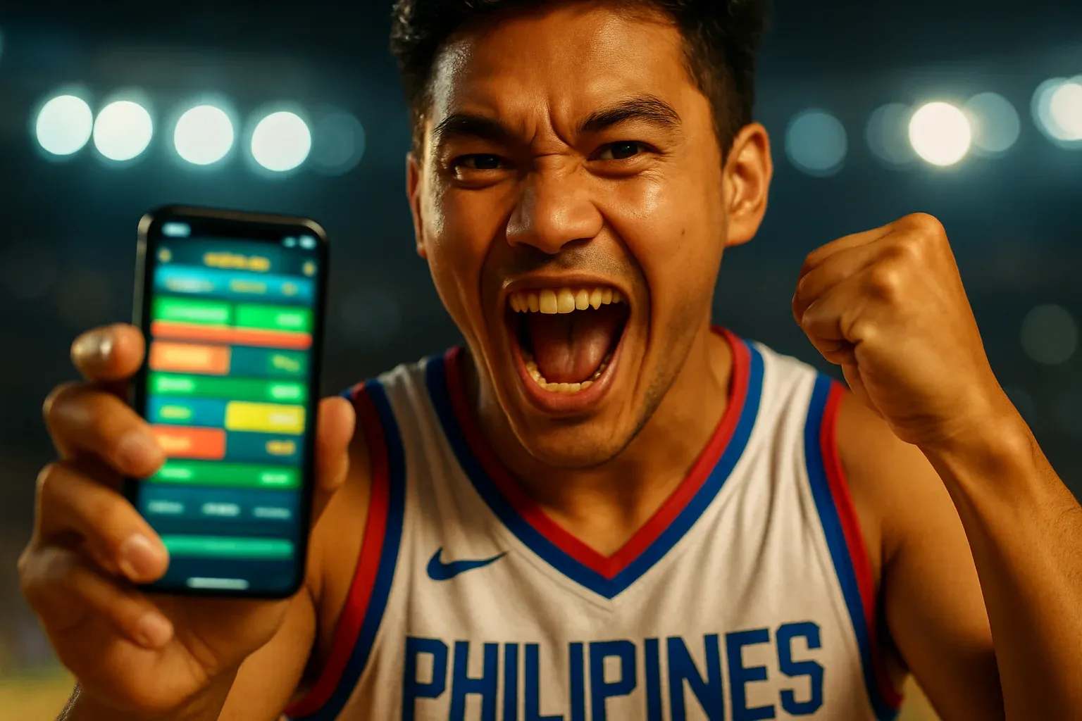 Young Filipino man cheering, holding smartphone with blurred sports betting interface