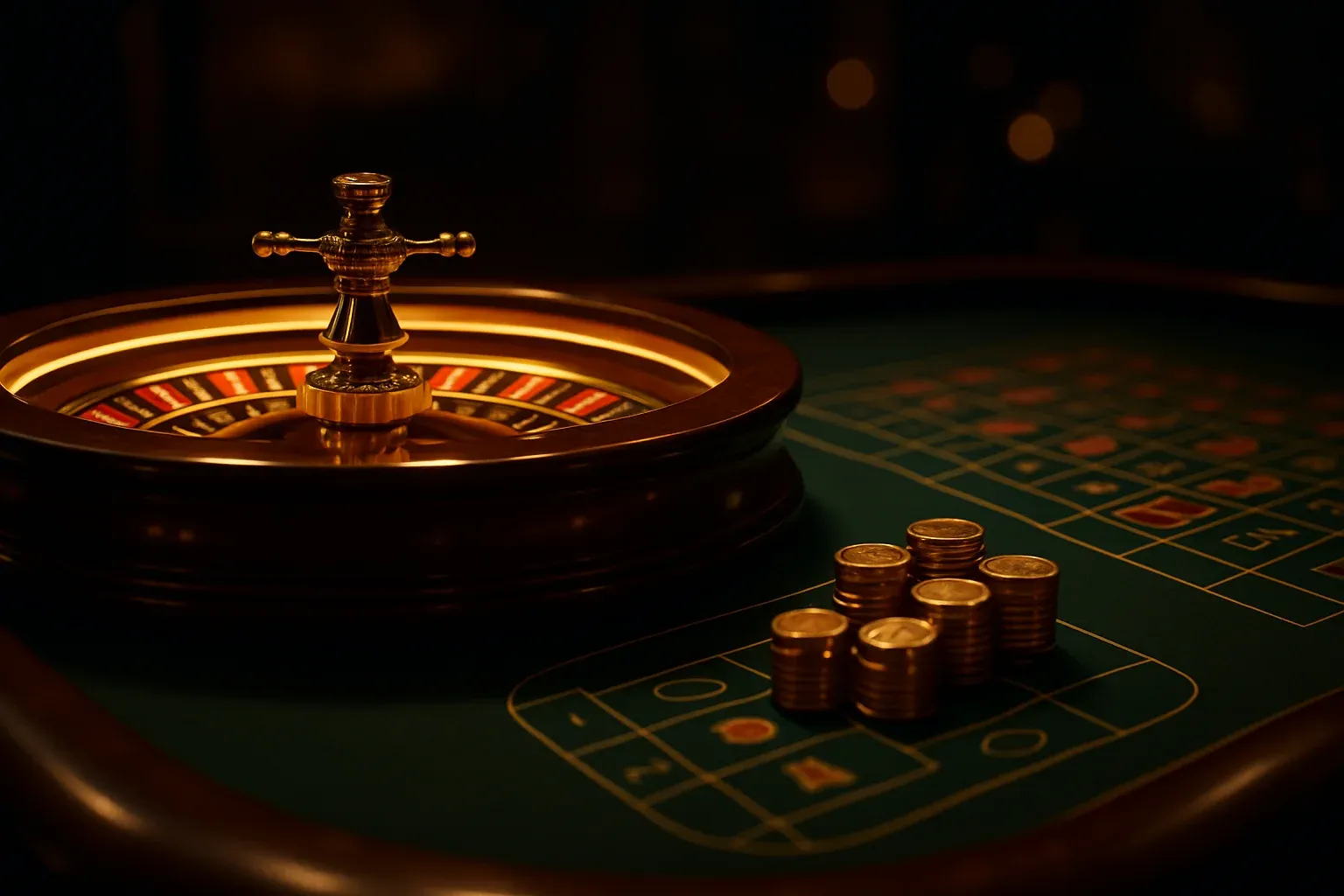 Hyperrealistic live casino table with glowing roulette wheel and golden chips