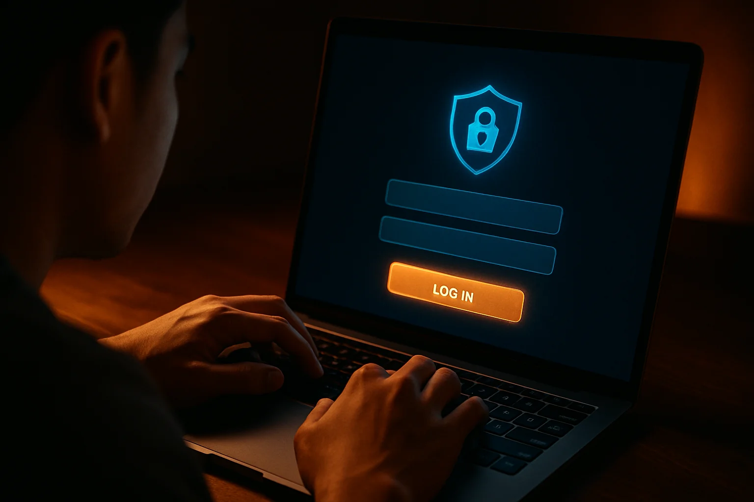Young Filipino man hands on laptop showing stylized sign-in form