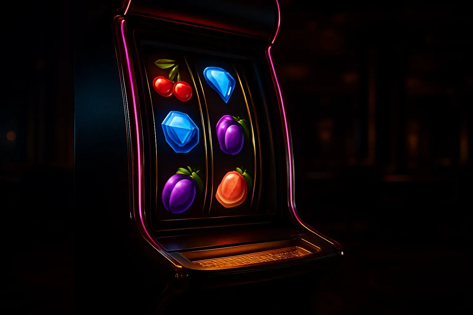 Hyperrealistic wide shot of premium slot machine in dark luxury casino